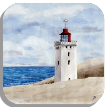 Untersetzer Glasuntersetzer 9,5 x 9,5 cm Aquarell Maritim Kunst Druck Kunstdruck Nordsee Dänemark Danmark Leuchtturm Rubjerg Knude Düne Blokhus Lokken Sonnenuntergang
